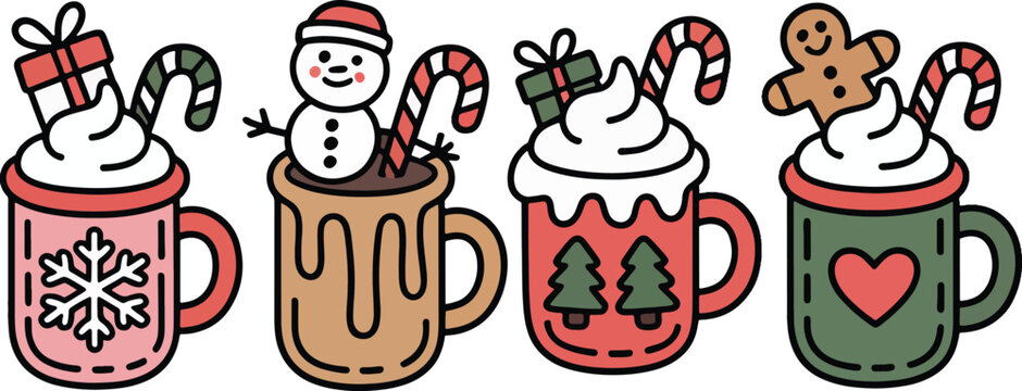 Kawaii Christmas Hot Cocoa Mugs Set &ndash; Cute Holiday Vector