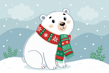 Featuring Polar Bear Wearing Christmas Scarf Snowy Vibrant Creative Visual