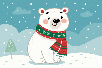 Polar Bear Wearing Christmas Scarf Snowy Creative Visual Suitable for Design