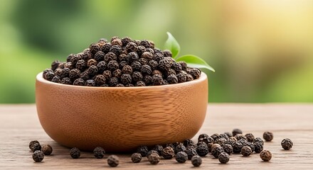 Heap of whole black peppercorns in a rustic wooden bowl, set in natural sunlight with a blurred green garden background. (19 words)