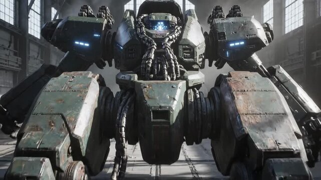 A large, heavily armored, multi-legged military robot or mech with soldiers on top, standing in an industrial hangar.