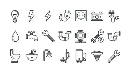 Collection of Line Art Icons Representing Electrical and Plumbing Elements.