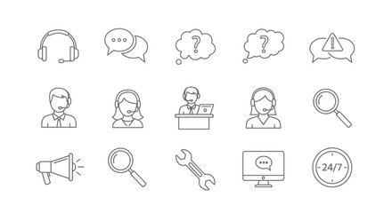 Collection of Line Art Icons Representing Customer Service and Support Concepts.