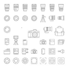 Collection of Line Art Icons Representing Photography Equipment and Accessories.