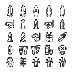 Collection of Line Art Icons Representing Water Sports and Diving Equipment.