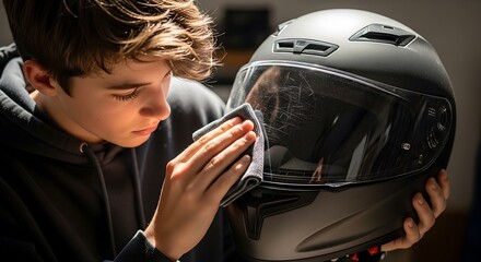 Close-up of young person cleaning a matte black motorcycle helmet visor with a cloth, ensuring clear vision for safe riding.