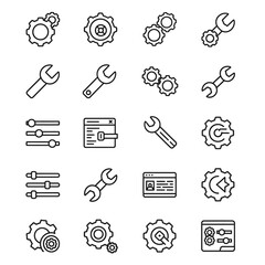 Collection of Line Icons Representing Mechanical Gears and Tools.