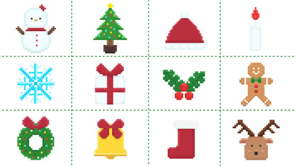 クリスマスモチーフのピクセルアートアイコンセット
