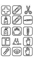 Collection of Medical Icons Representing Healthcare and First Aid Supplies.