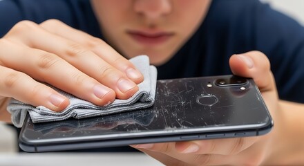 Hand cleaning dirty smartphone back with microfiber cloth. Mobile device maintenance and hygiene concept.