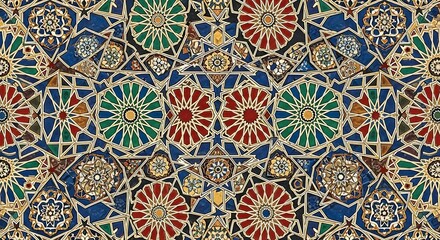 Vibrant Moroccan Mosaic Pattern: Intricate Geometric Islamic Art with Colorful Tiles and Ornate Details, Seamless Background Texture