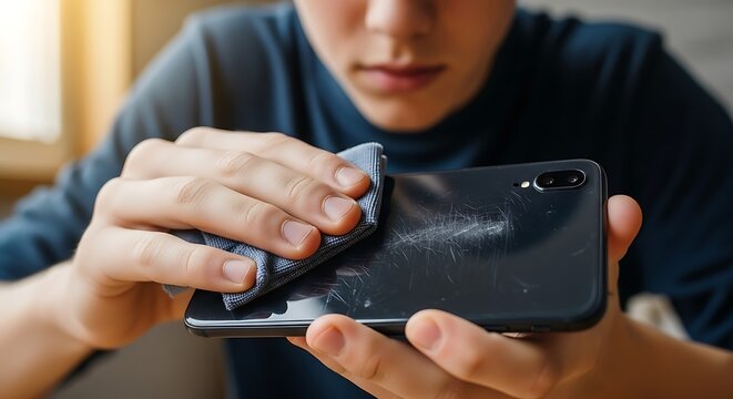 Hands cleaning scratched smartphone with microfiber cloth, demonstrating mobile device care and maintenance.