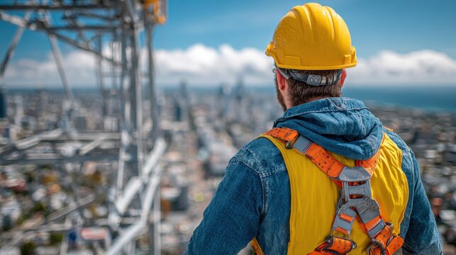 A construction worker in a hard hat overlooks a cityscape from a height, showcasing a blend of safety and urban development.