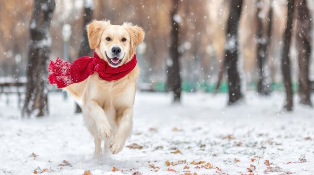Golden Retriever Plays Joyfully in the Snow Wearing a Bright Red Scarf During the Holiday Season
