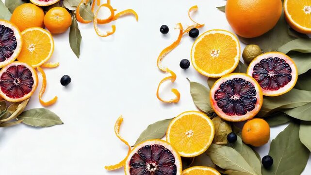 Panoramic banner of fresh citrus fruits with sliced blood oranges and tangerines. Top view flat lay composition with bay leaves and berries creating a border. Healthy eating concept
