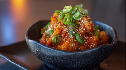 Colorful Korean dish with green onions and sesame seeds served in a black bowl on a dark background, perfect for culinary and food photography needs