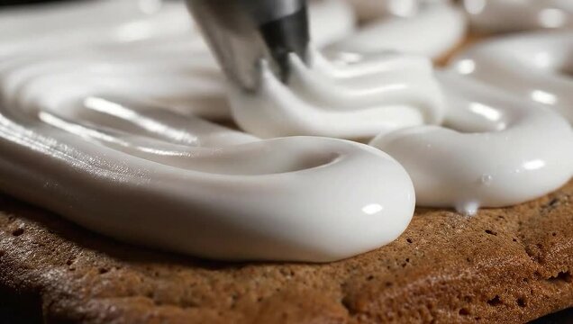 Expertly piping luscious white meringue frosting onto a freshly baked dessert base, showcasing the intricate detail of confectionery decoration and sweet treat creation