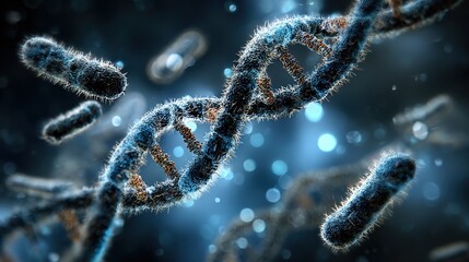 A detailed close-up of DNA strands intertwined with bacteria, showcasing a vibrant blue background and a focus on microbial life.