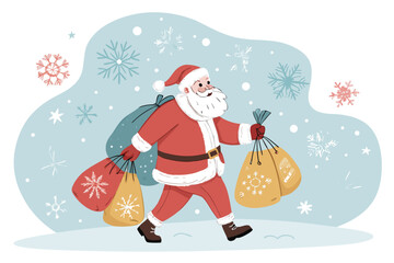 Crisp Santa Claus Carrying Gift Bags Surrounded High-Quality Stock Image