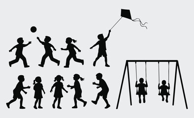Children Playing Silhouette Collection Ball Games, Kite Flying & Swings