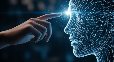 Digital Touch: The fusion of humanity and artificial intelligence is visually depicted, a human hand gently touches the face of a digital entity.