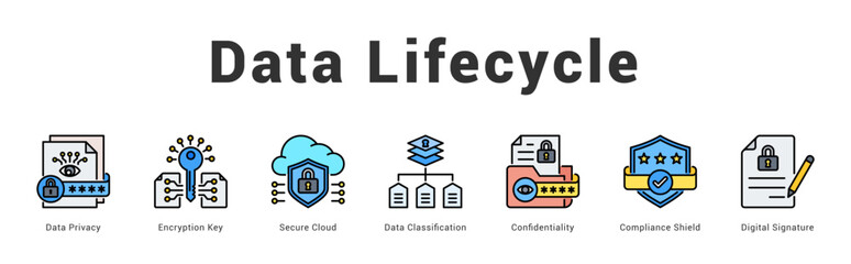 Data Lifecycle Modern and clean web banner illustration featuring thematic icons for visual communication