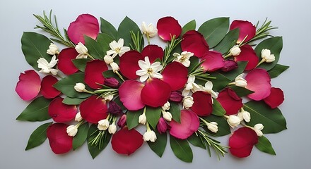 Vibrant red, white, and green flat lay floral arrangement featuring a symmetrical display of rose petals