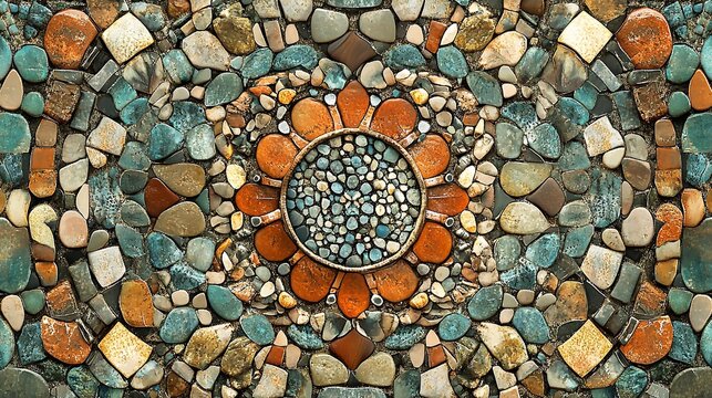 Intricate mosaic pattern crafted from colorful pebbles and stones, forming a beautiful circular design