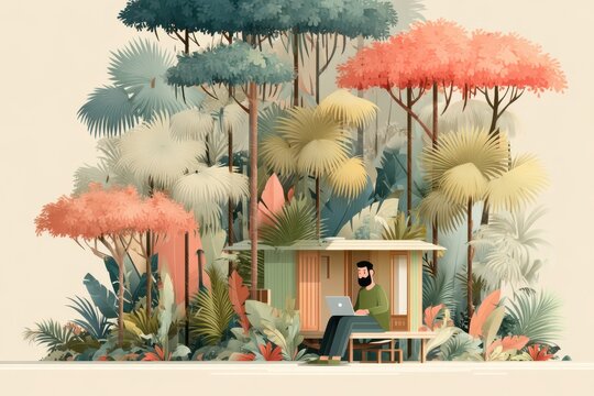 Bearded man working on a laptop surrounded by vibrant jungle vegetation - Powered by Adobe
