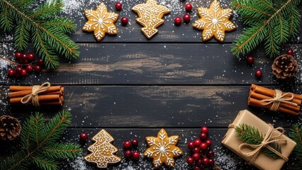 Festive christmas wreath made of fir branches gingerbread cookies cinnamon sticks and berries on dark wood