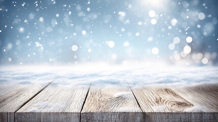 Winter Christmas background with snow, wooden tabletop flooring, bokeh effect, and empty space for displaying products. A cozy winter scene, perfect for holiday promotions.