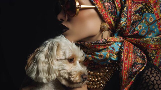 Young stylish woman in colorful headscarf and sunglasses with her pet dog looking around, studio footage.