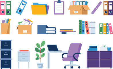 Office Supplies and Furniture Collection Flat Design Icons vector illustration