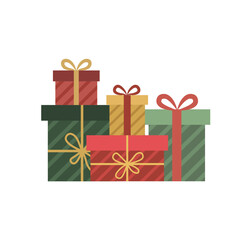 Stacked Christmas gift boxes composition. Festive holiday presents pile vector. Flat design seasonal background element.