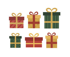 Collection of patterned Christmas gift boxes. Festive holiday presents vector icons set. Flat design seasonal variety for decoration.