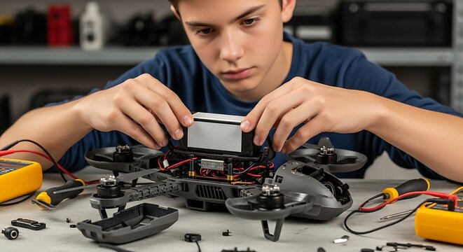 Focused young person assembling or repairing a drone, hands-on technology and engineering project