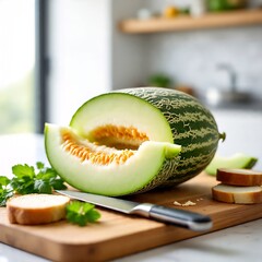 Fresh Sliced Melon on Cutting Board with Knife in Bright Kitchen