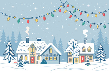 Snowy Village Skyline With Christmas Lights High-Quality Stock Image Perfect for Editorial Content