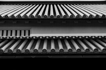 二重の瓦屋根と格子の美しさを描いた建築構図