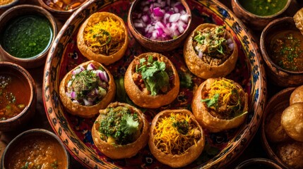 Delightful Presentation of Indian Street Food with Colorful Pani Puri and Variety of Chutneys Served on Vibrant Traditional Plate