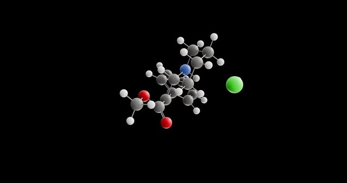 Dexmethylphenidate Hydrochloride molecule, rotating 3D model of central nervous system stimulant, looped video on a black background
