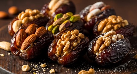Obraz premium Gourmet Medjool Dates Stuffed with Assorted Nuts: Healthy Dessert or Snack Featuring Almonds, Walnuts, Pistachios, and Cashews on a Dark Wooden Board