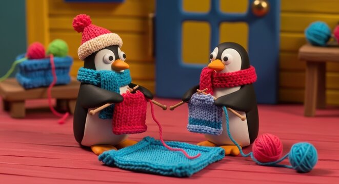 Two adorable claymation penguins wearing winter hats and scarves exchanging knitted gifts during the holidays
