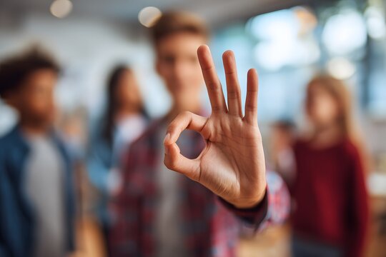 Hand Making OK Sign in Focus in the Classroom