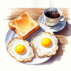 Watercolor Painting of Breakfast with Toast, Eggs, and Coffee