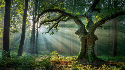 Naklejka premium Ancient gnarled tree in sun-dappled forest with ethereal light rays breaking through the canopy.