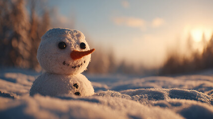 Cute snowman with carrot nose standing in snow at sunset. Warm golden hour light and soft bokeh background. Magical winter holiday atmosphere.