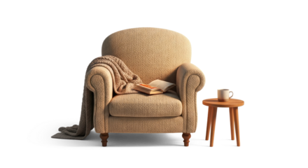A cozy armchair with a blanket and a cup of coffee on a wooden table.