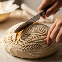 Close-Up of Scored Sourdough Bread with Artistic Pattern Before Baking