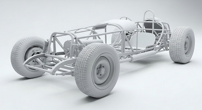 Detailed chassis model of a vintage race car ready for customization, perfect for racing enthusiasts or automotive engineering projects in a clean studio setting